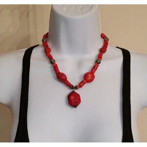 VINTAGE Chunky Red Coral and Sterling Silver Necklace Statement Vibrant